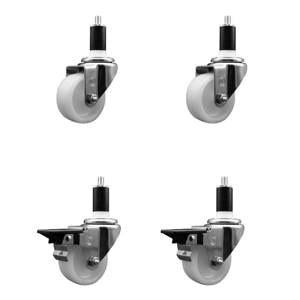 3'' Nylon Wheel Swivel 1-3/8'' Expanding Stem Caster Set 2 Brakes, 4PK